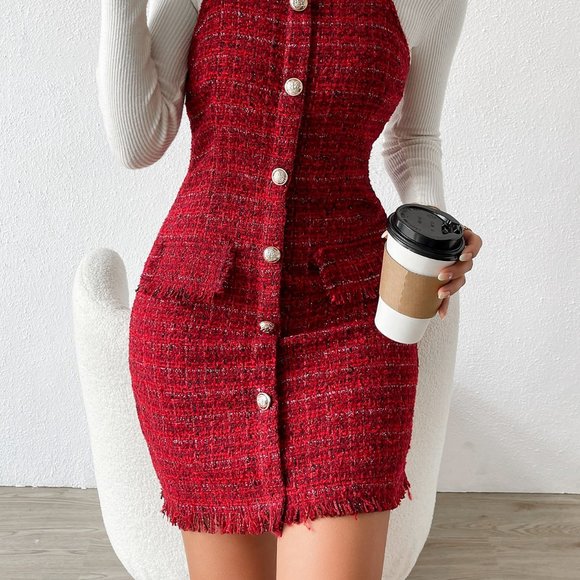 Red Preppy Womens Button Front Raw Hem Tweed Overall Dress - Picture 4 of 5